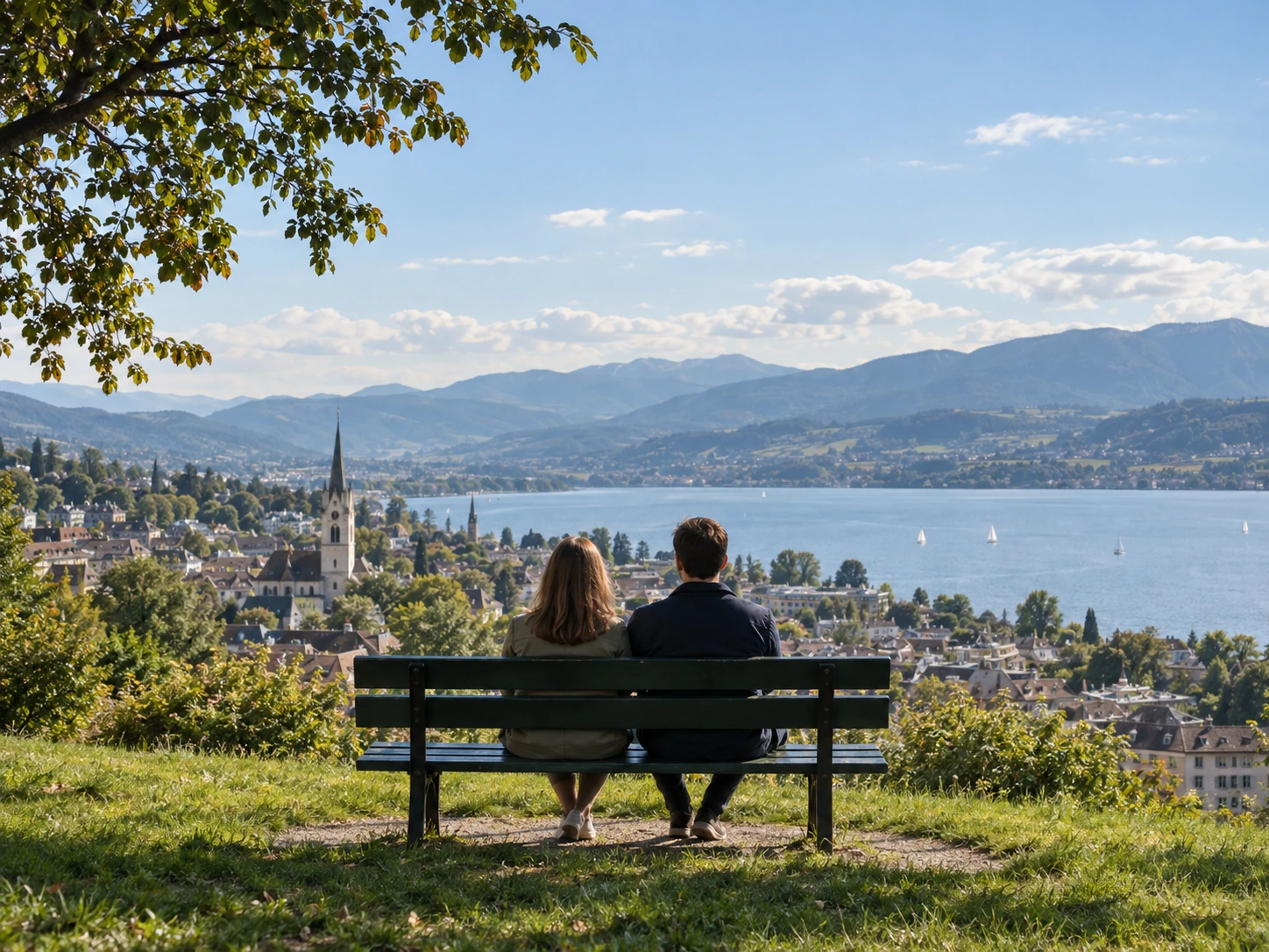 A couple sitting together on a park bench overlooking a lake and town