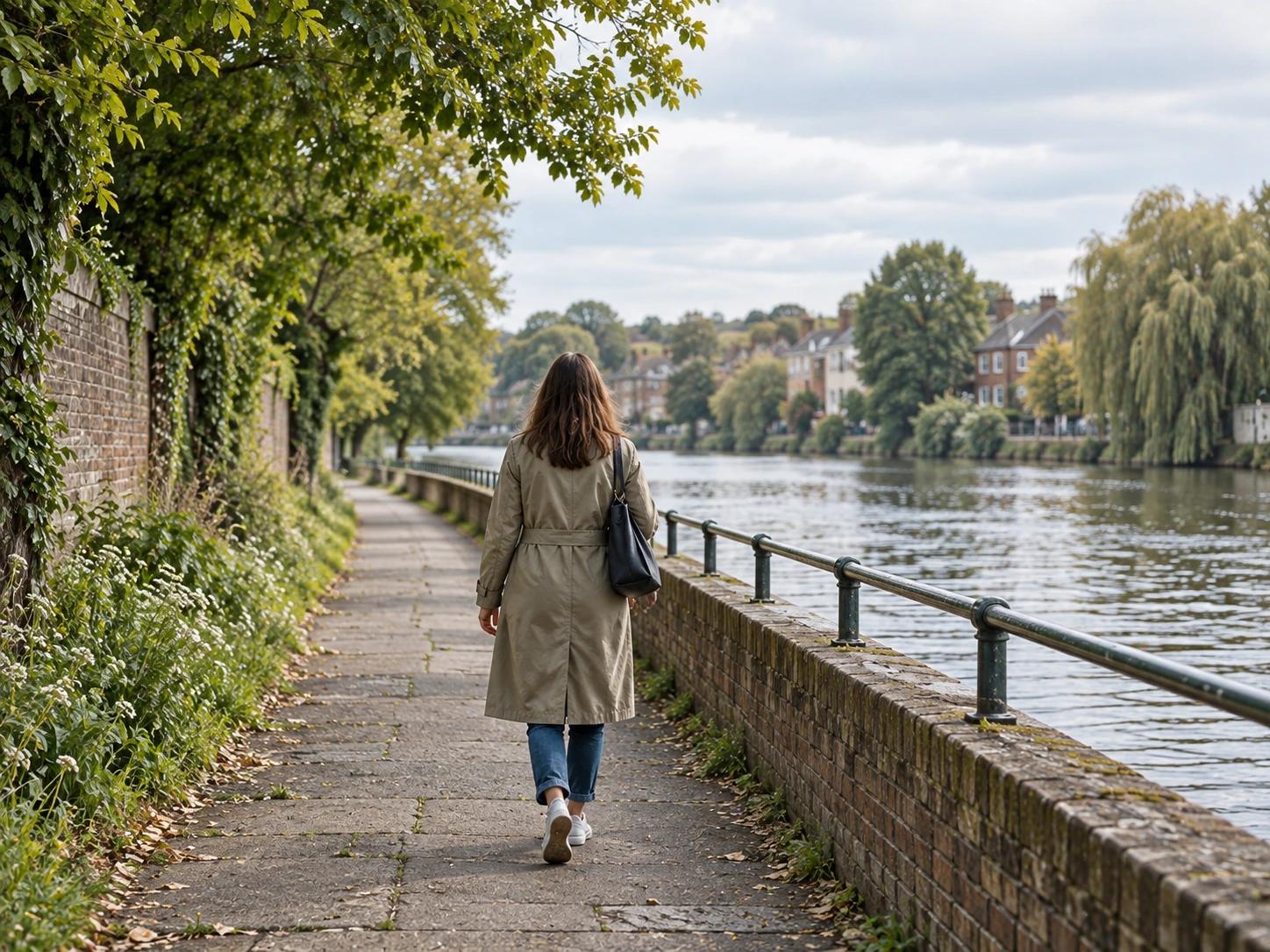 A woman walking along a quiet riverside path beside a low brick wall and leafy trees