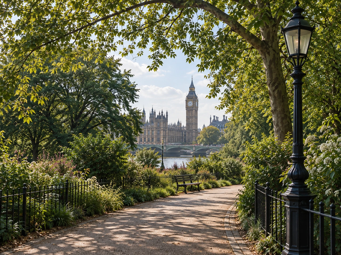 A leafy park path with a bench and traditional lamp overlooking Westminster